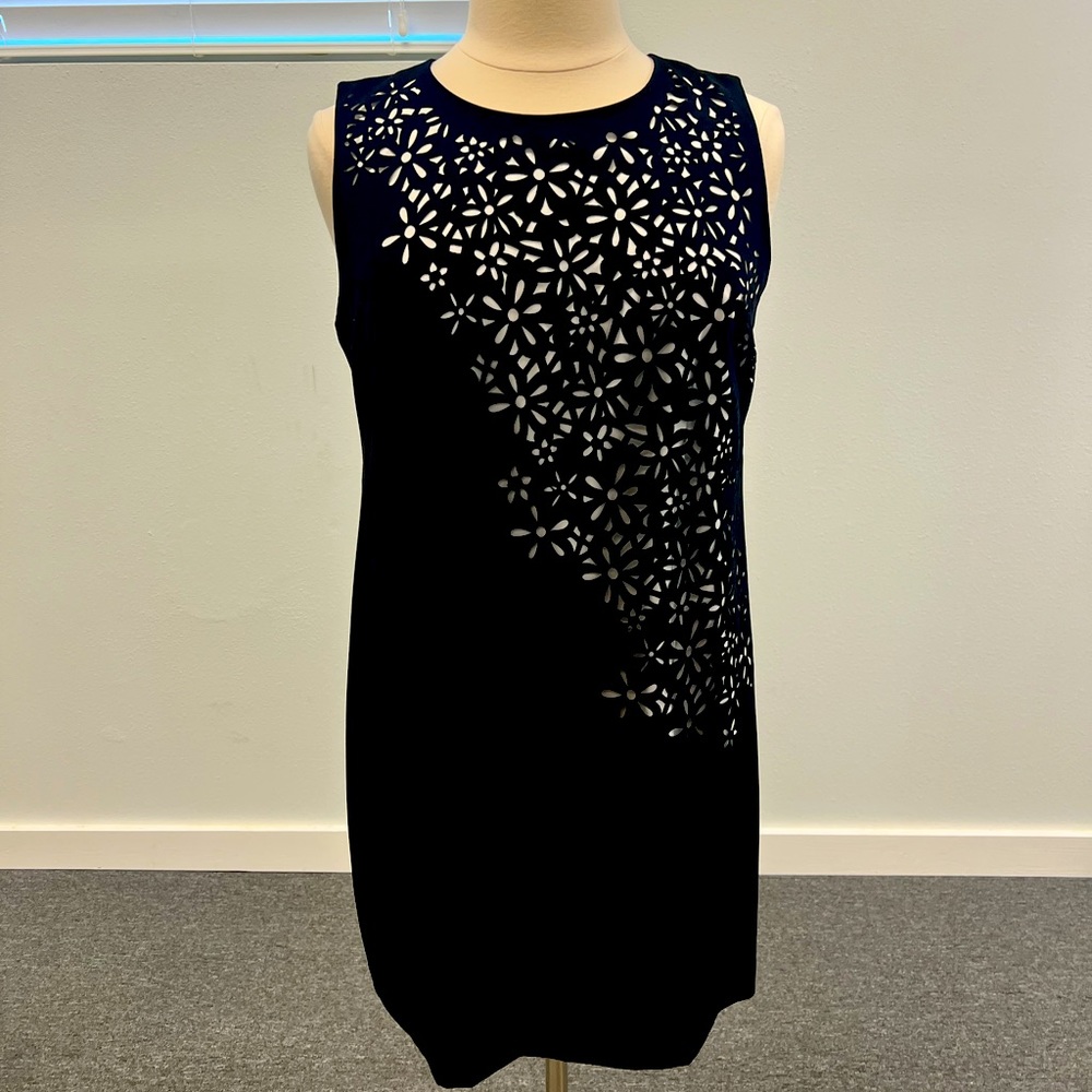 Calvin Klein Navy Dress with White Floral Cutout Pattern. Size 16. Worn 2X.